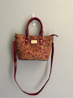Portuguese Cork Floral Handbag Purse Galo de Barcelos Made in Portugal Burgundy
